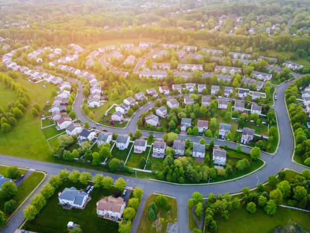 Aerial view of luxury residential neighborhood with tree-lined streets and elegant homes at golden hour